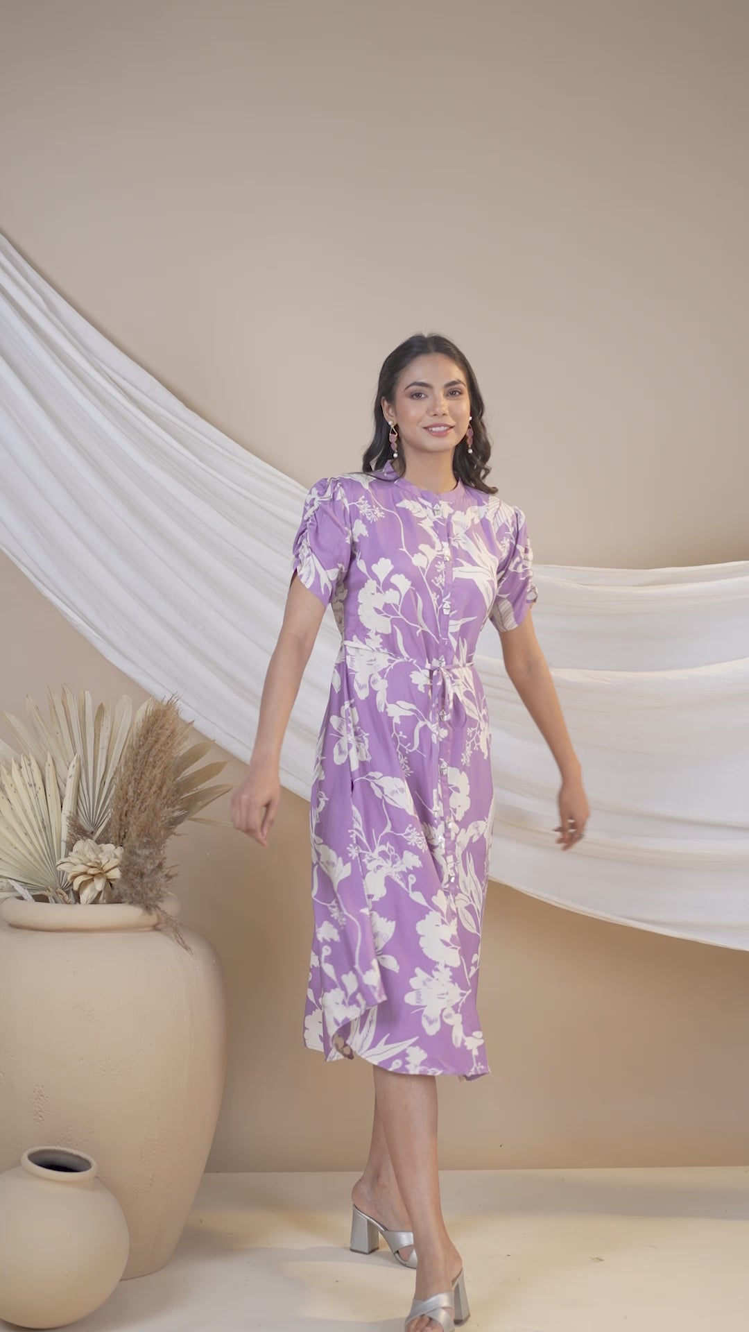 Lavender Russian Silk Floral  Printed Midi Dress