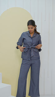 Blue Color Denim with Tie Belt with 3/4 sleeves Co-ord Set