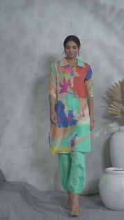 Sea Green Abstract Printed Shirt Style Kurta With Indowestern Salvar