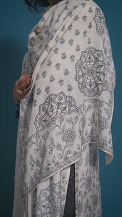 Off-White Intricate Floral Printed Rhinestone Work Muslin Pakistani Ethnic Set with Dupatta