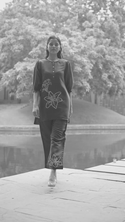 Dark Grey Embroidered Viscose Tunic With Pant