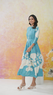 Aqua Blue Base With Cream Color Bold Flower Motif  Midi Dress