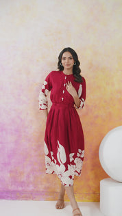 Red Base With Cream Color Bold Flower Motif  Midi Dress