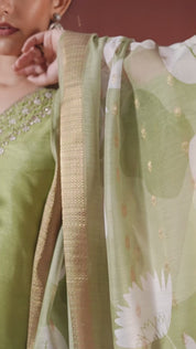 Green Zari Moti Viscose Ethnic Set With Dupatta