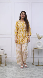 Mustard Cotton Botanical Printed Kurta With Pant