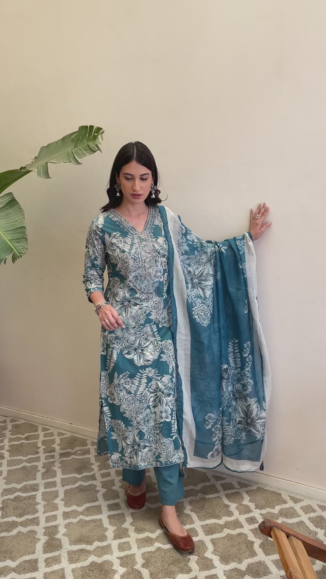 Blue Turquoise Floral Printed Ethnic German Rayon Set with dupatta