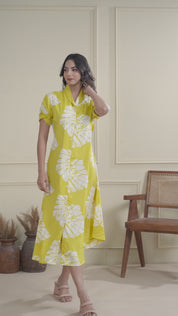 Lemon Russian Silk Floral Printed Midi Dress