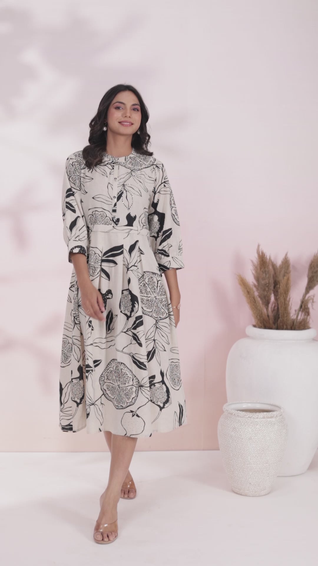 Black and White Cotton Flex Floral  Printed Midi Dress