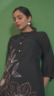 Kaftanize Black Floral Embroidered Kurta With Pants Viscose Co-Ord Set