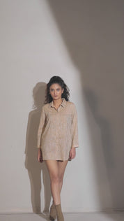 Beige Cotton-Khadi Shirt with Falling Geometric Rhinestone Work