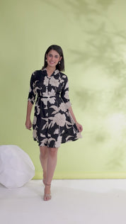 Black Russian Silk Floral Print Mini Dress With Belt