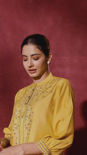 Solid yellow Embroidered 3/4th Sleeve Viscose co-Ord set