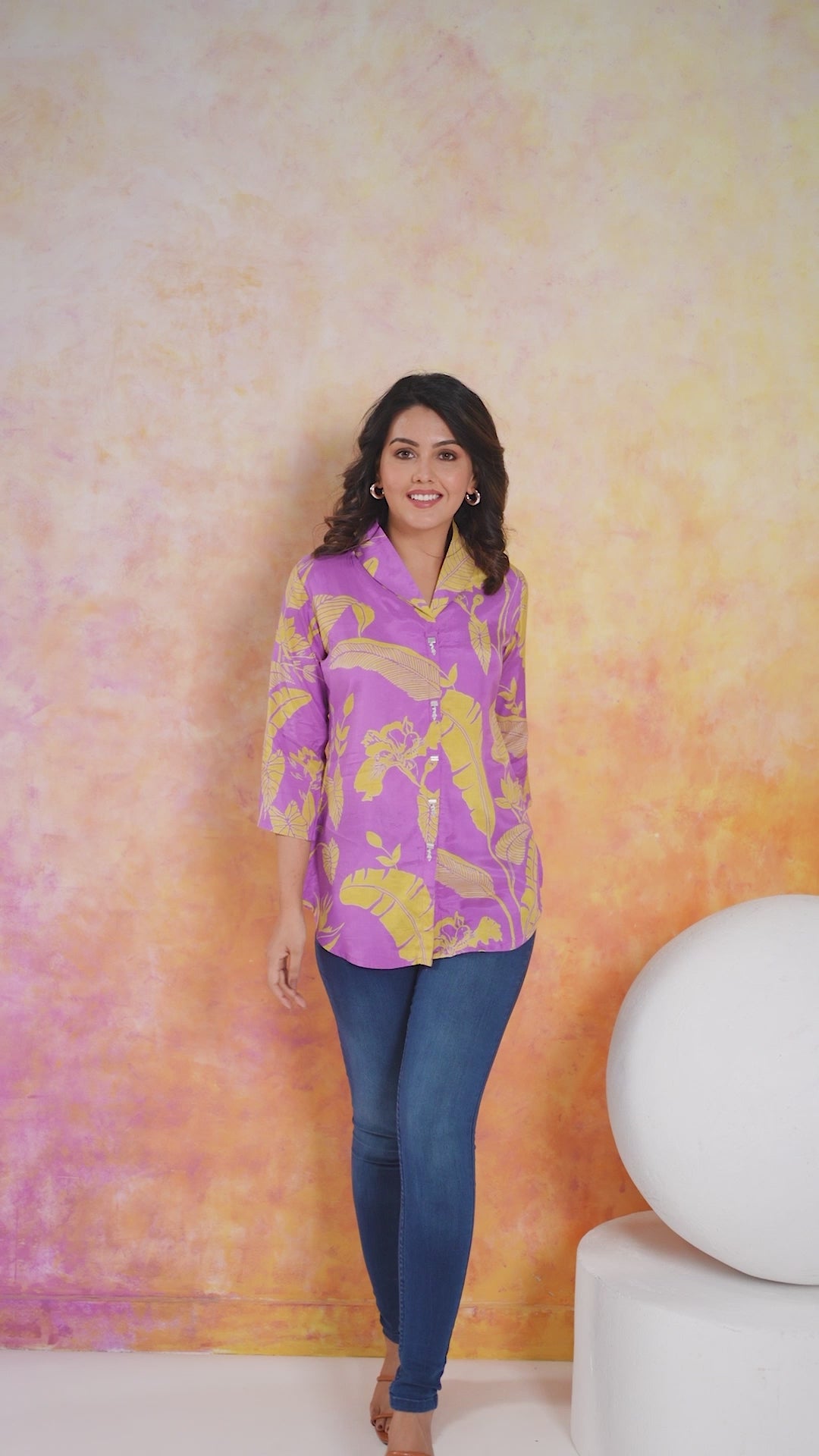 Lavender Base Yellow Color abstract print Russian Silk Tunic