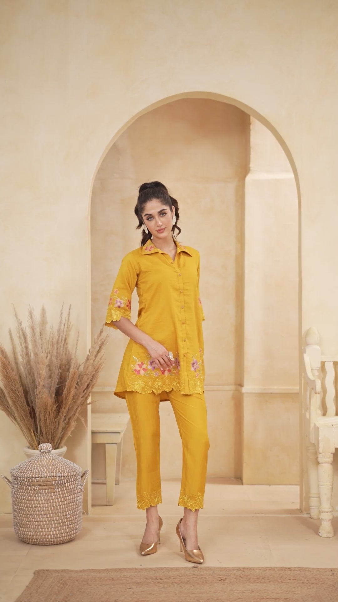 Mustard Roman Silk Floral Embroidered  Co-Ord Set