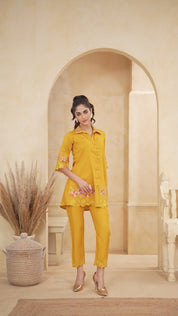 Mustard Roman Silk Floral Embroidered  Co-Ord Set