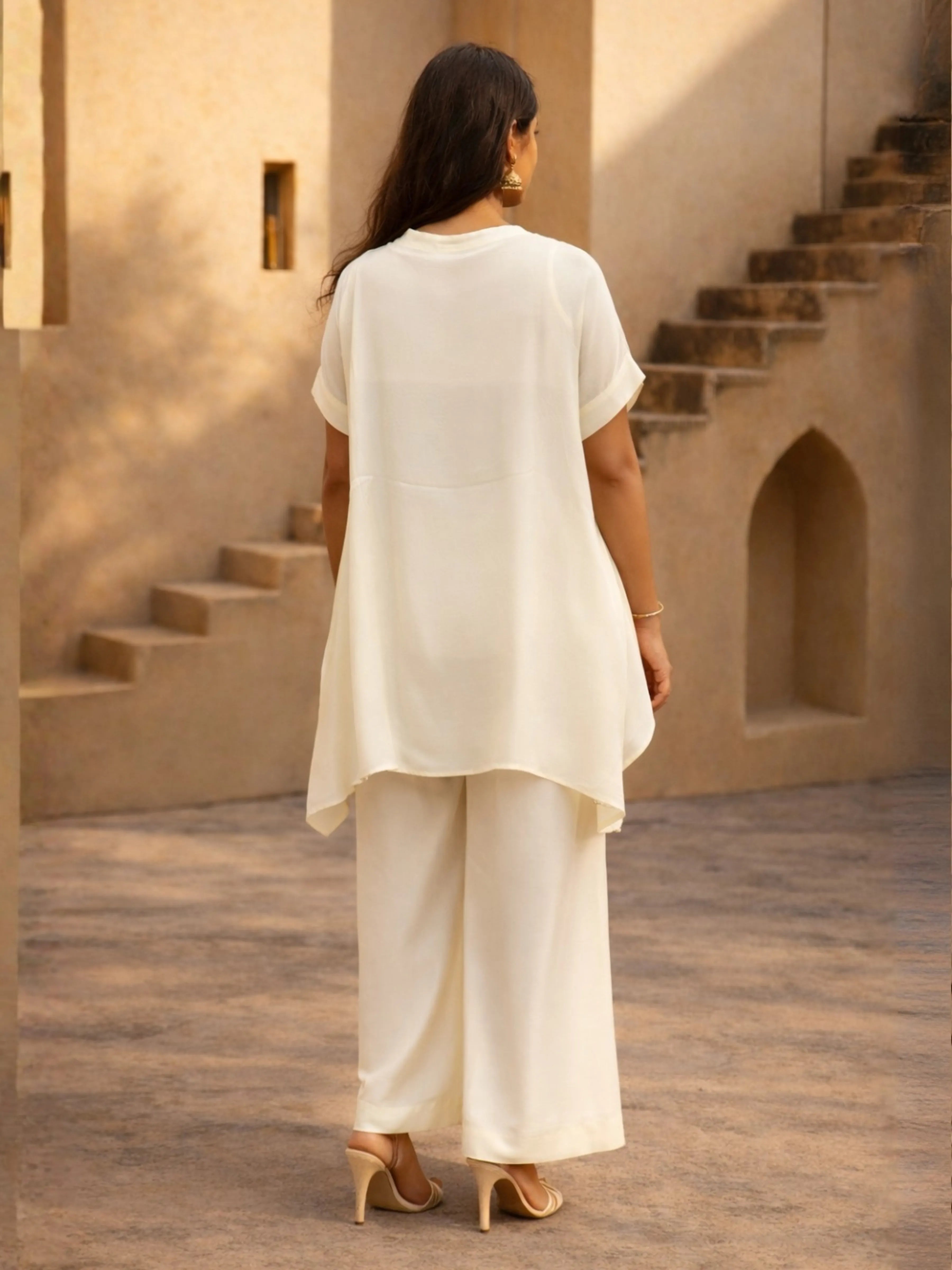 Cream White Embellished High-Low Crepe Kaftan Co-ord Set with Mirror Lace Detail