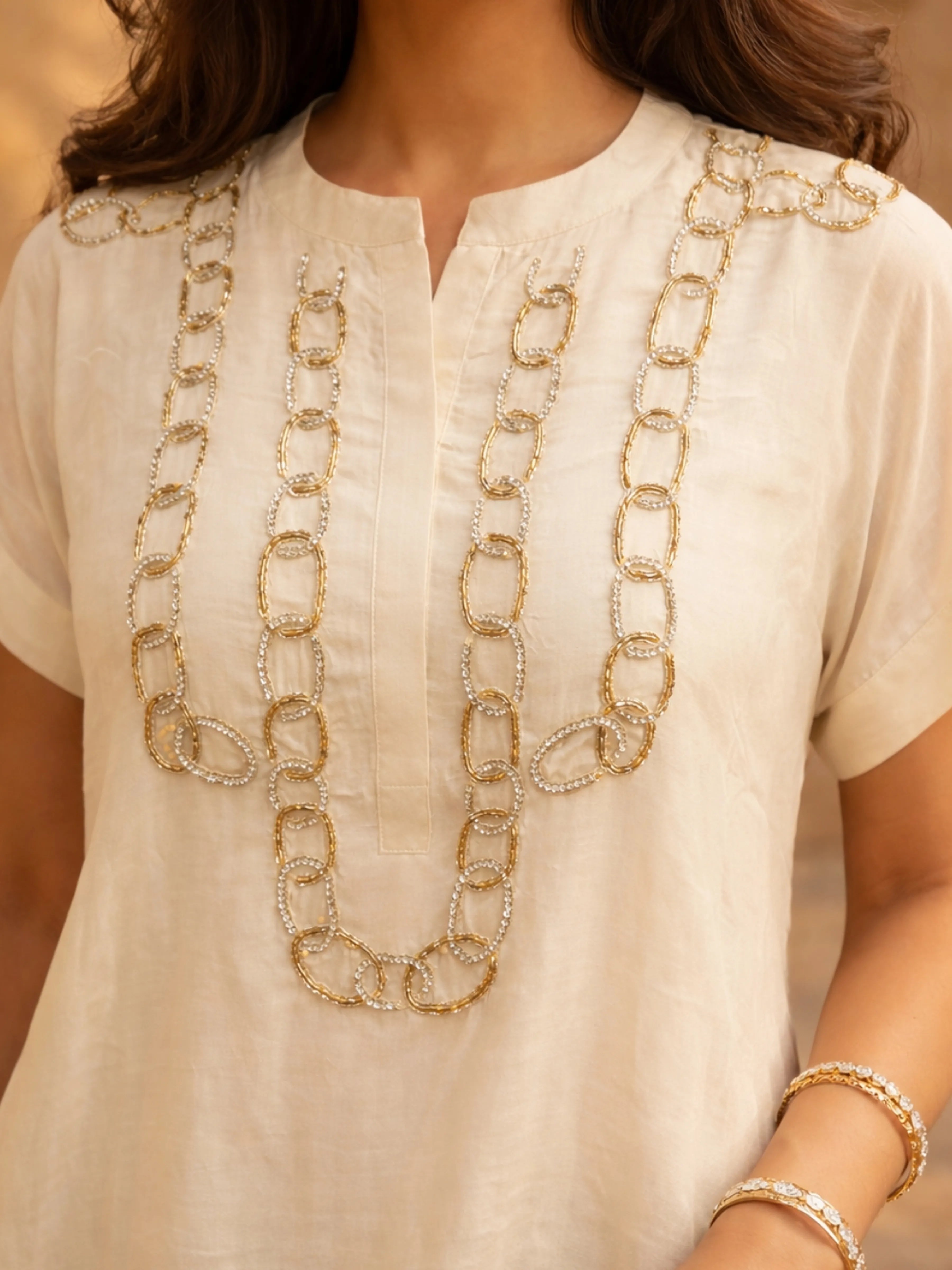 Cream White Embellished High-Low Crepe Kaftan Co-ord Set with Mirror Lace Detail