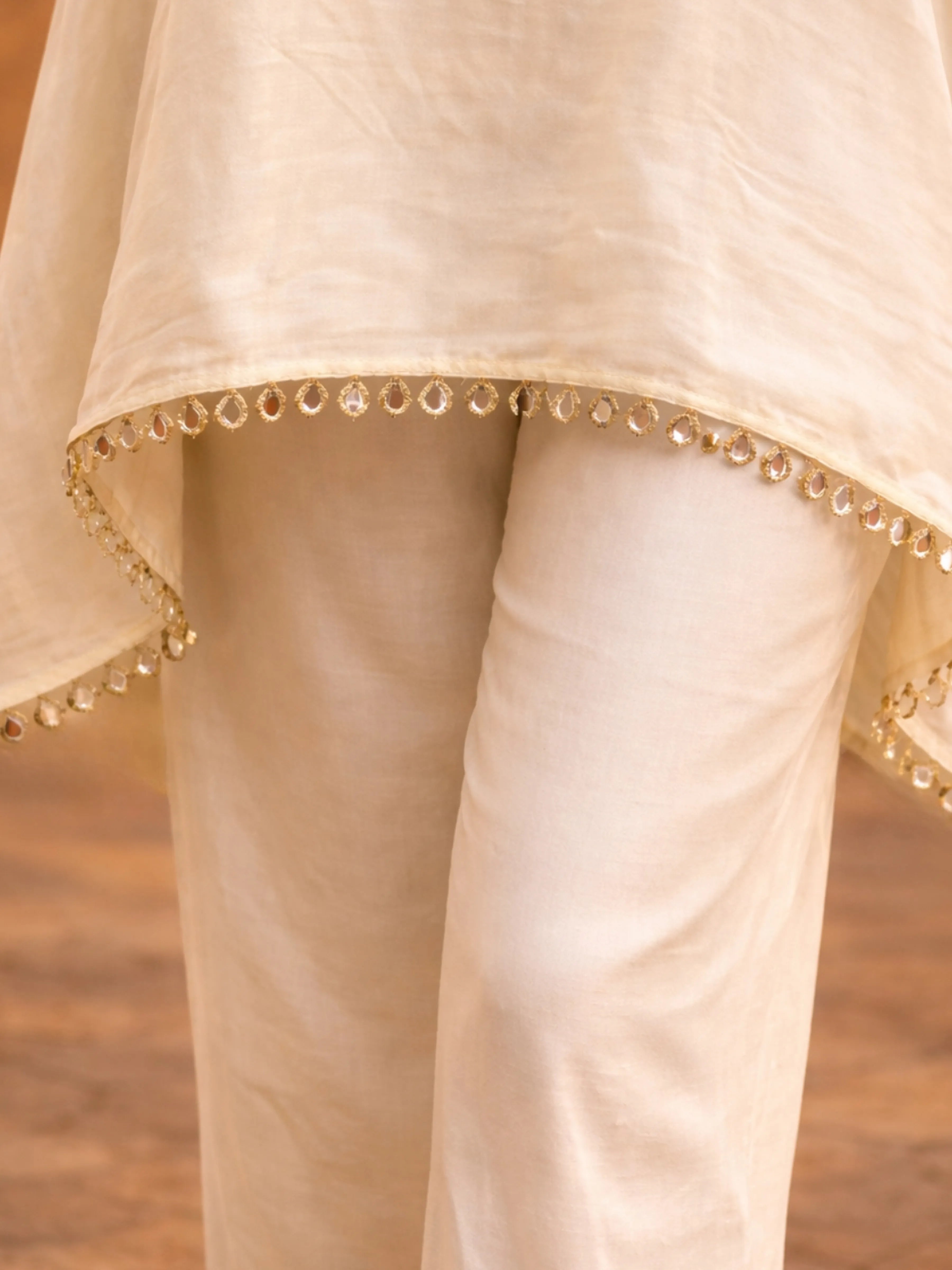 Cream White Embellished High-Low Crepe Kaftan Co-ord Set with Mirror Lace Detail