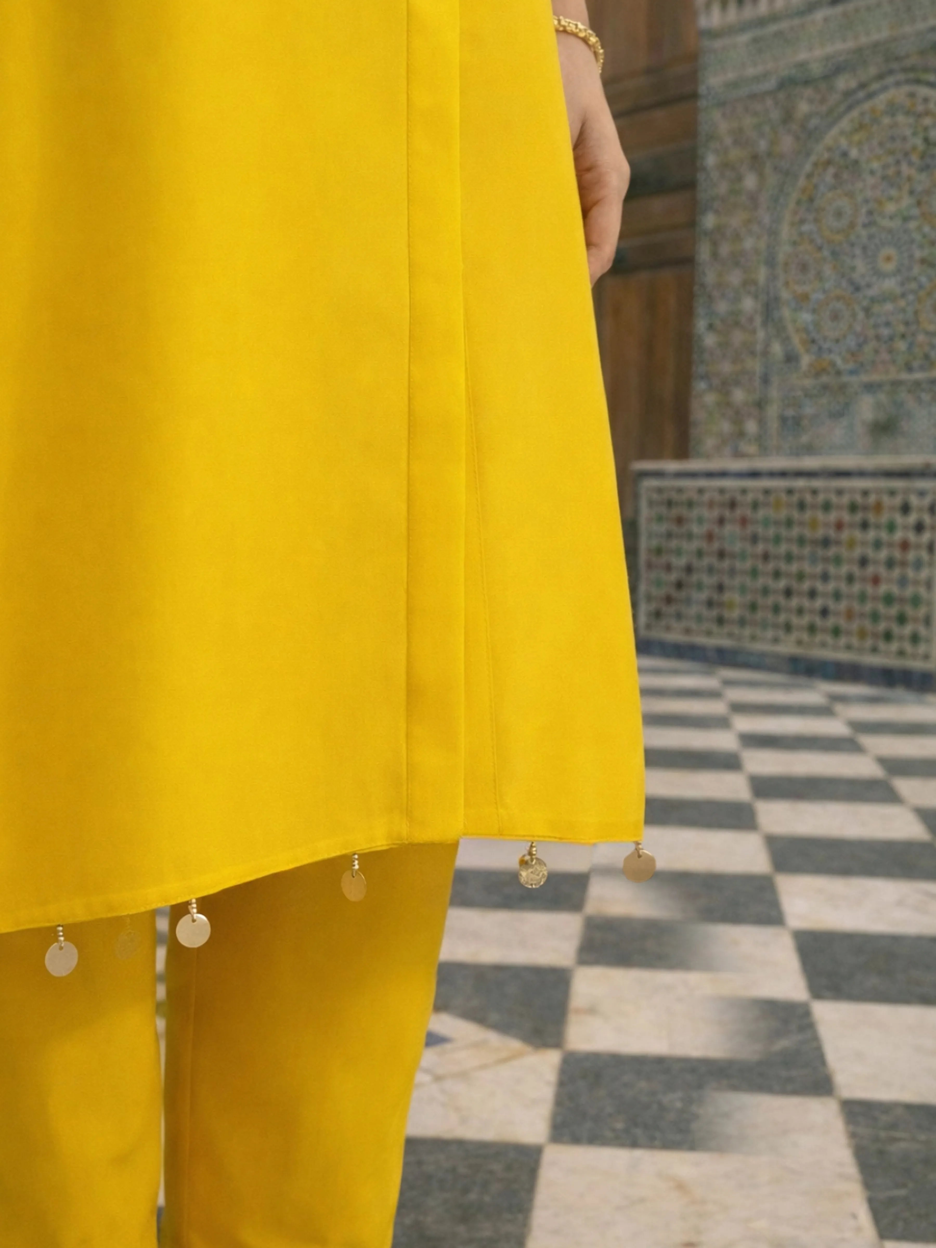 Yellow Embellished Oversized Crepe Kaftan Kurta Set with Coin Detailing