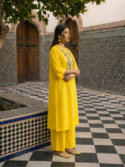 Yellow Embellished Oversized Crepe Kaftan Kurta Set with Coin Detailing