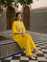 Yellow Embellished Oversized Crepe Kaftan Kurta Set with Coin Detailing