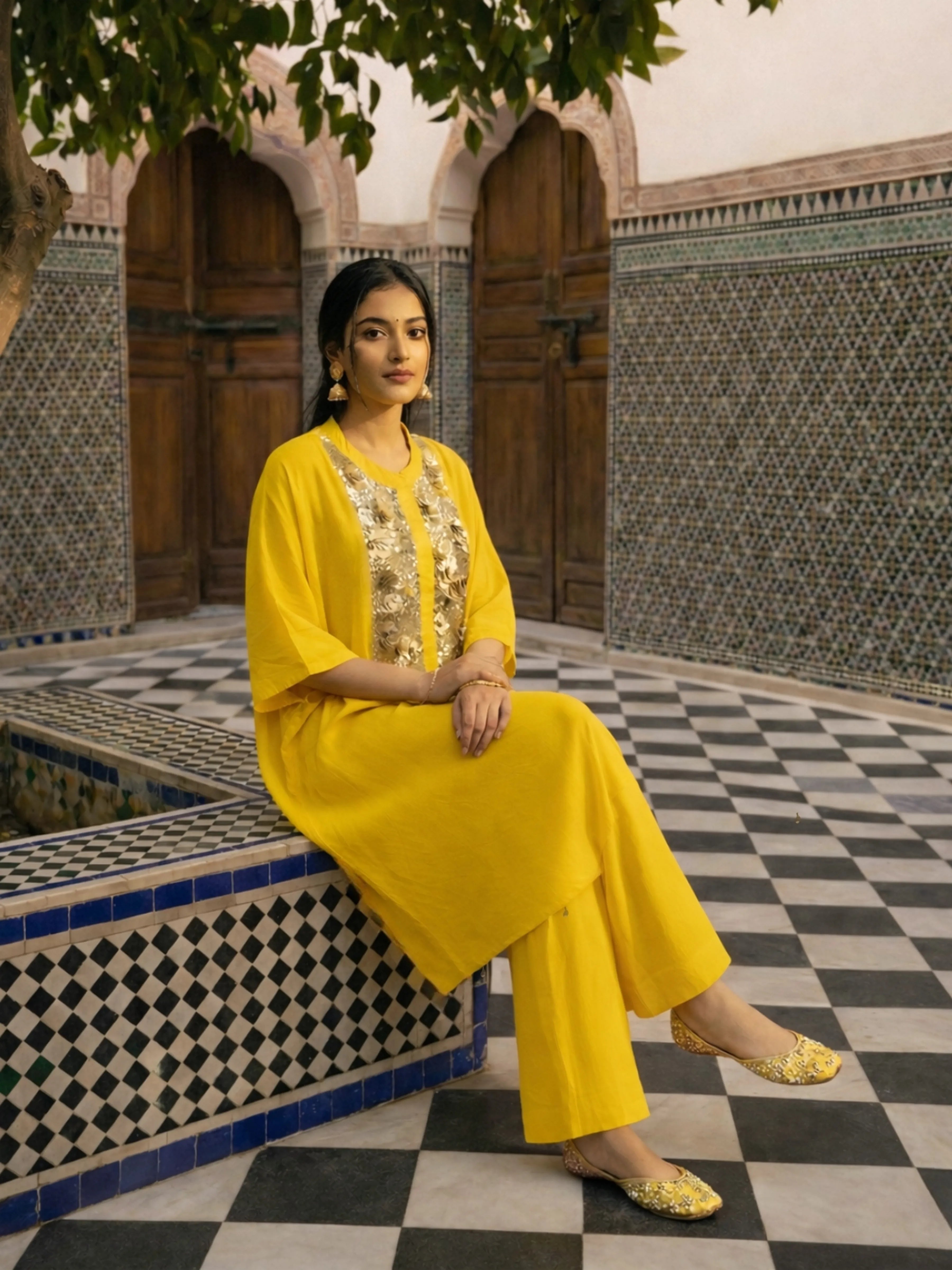 Yellow Embellished Oversized Crepe Kaftan Kurta Set with Coin Detailing