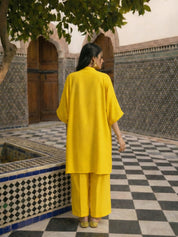 Yellow Embellished Oversized Crepe Kaftan Kurta Set with Coin Detailing