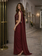 Maroon Embellished Two-Piece Chinon Pre Draped Saree Set