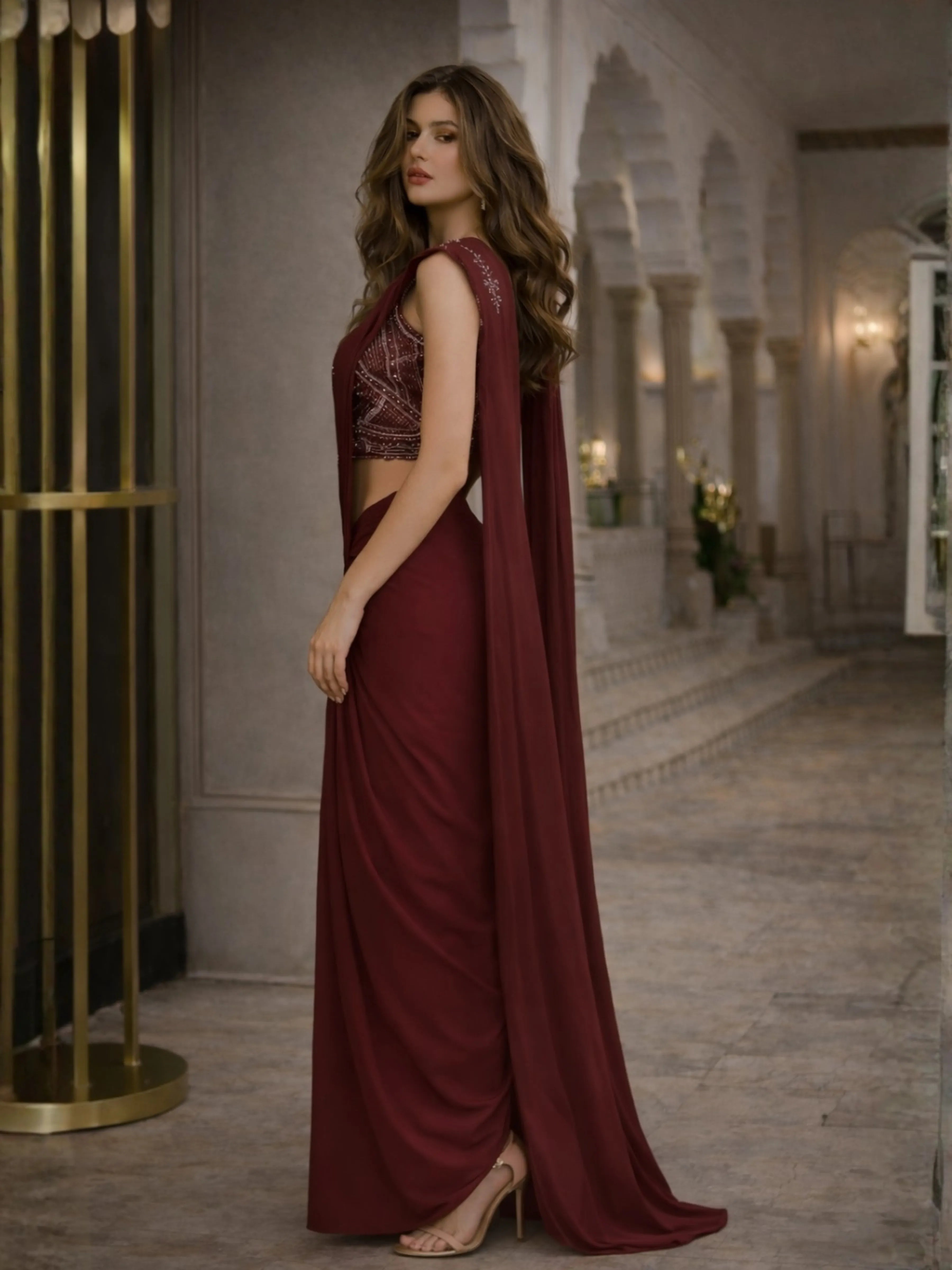 Maroon Embellished Two-Piece Chinon Pre Draped Saree Set