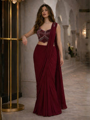 Maroon Embellished Two-Piece Chinon Pre Draped Saree Set