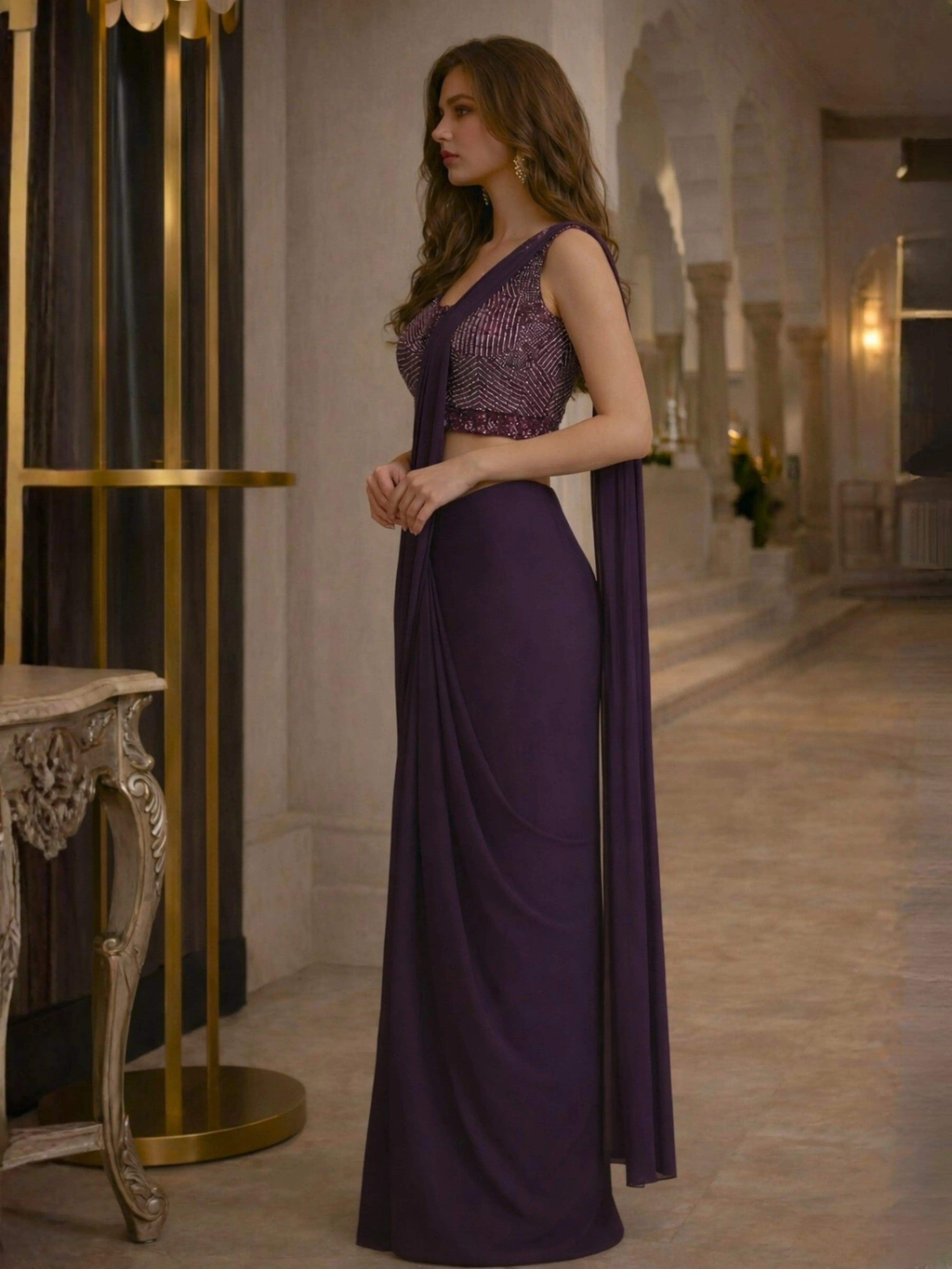 Deep Purple Beaded Chinon Pre Draped Saree Set with Tassel Tie-Back