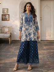 Indigo & Light Grey Embellished Kurta Set in Viscose