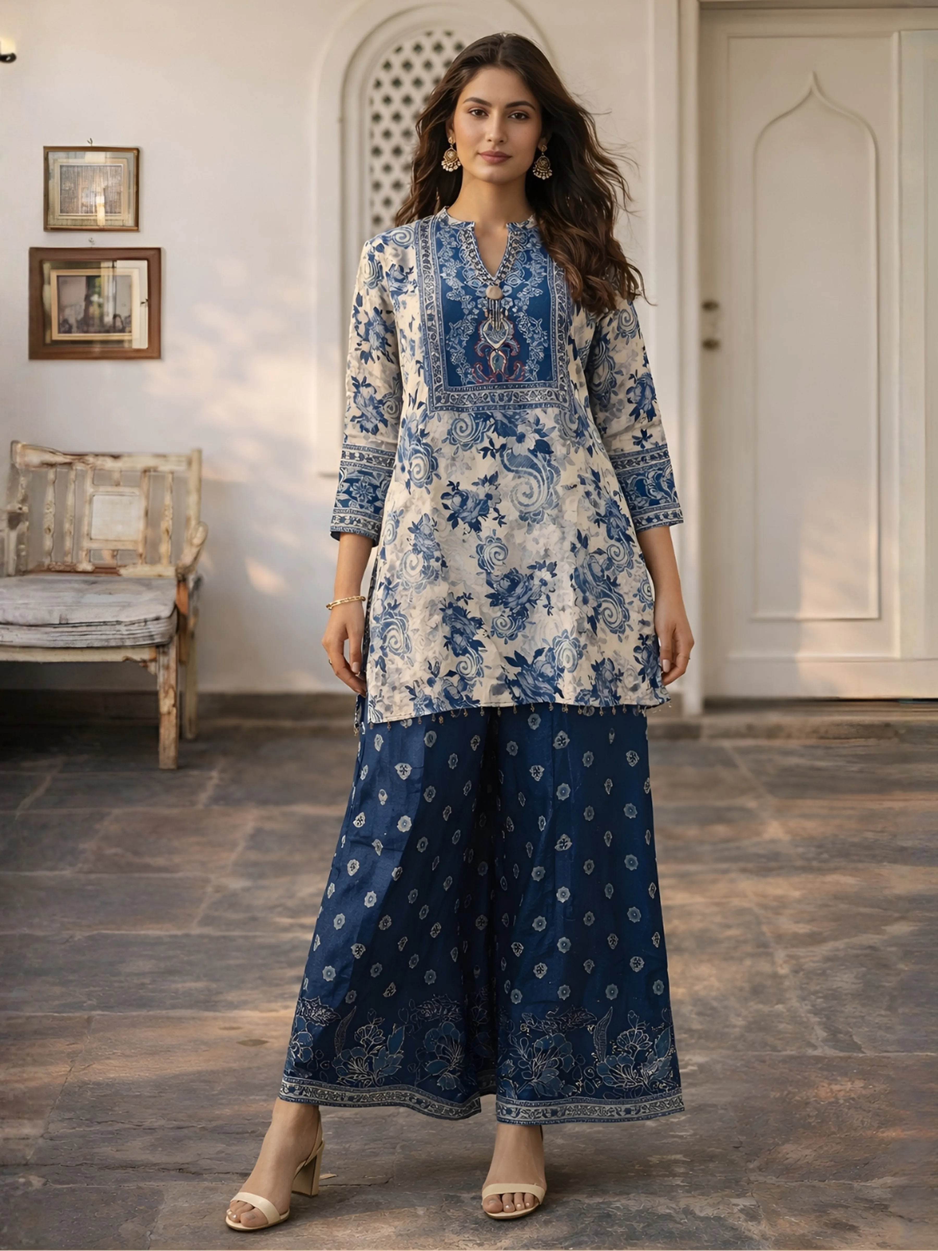 Indigo & Light Grey Embellished Kurta Set in Viscose