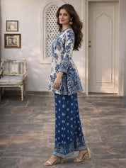 Indigo & Light Grey Embellished Kurta Set in Viscose