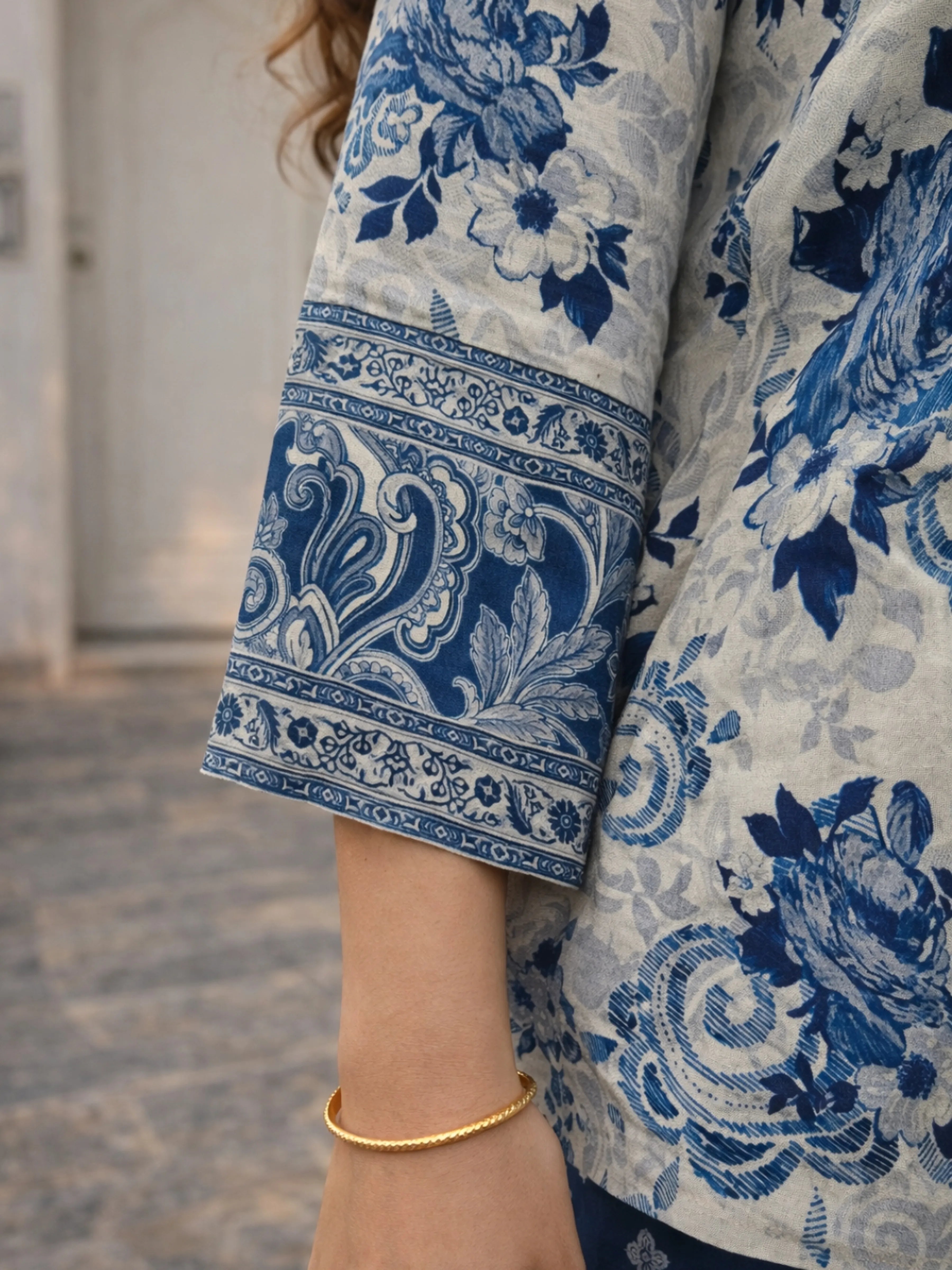 Indigo & Light Grey Embellished Kurta Set in Viscose