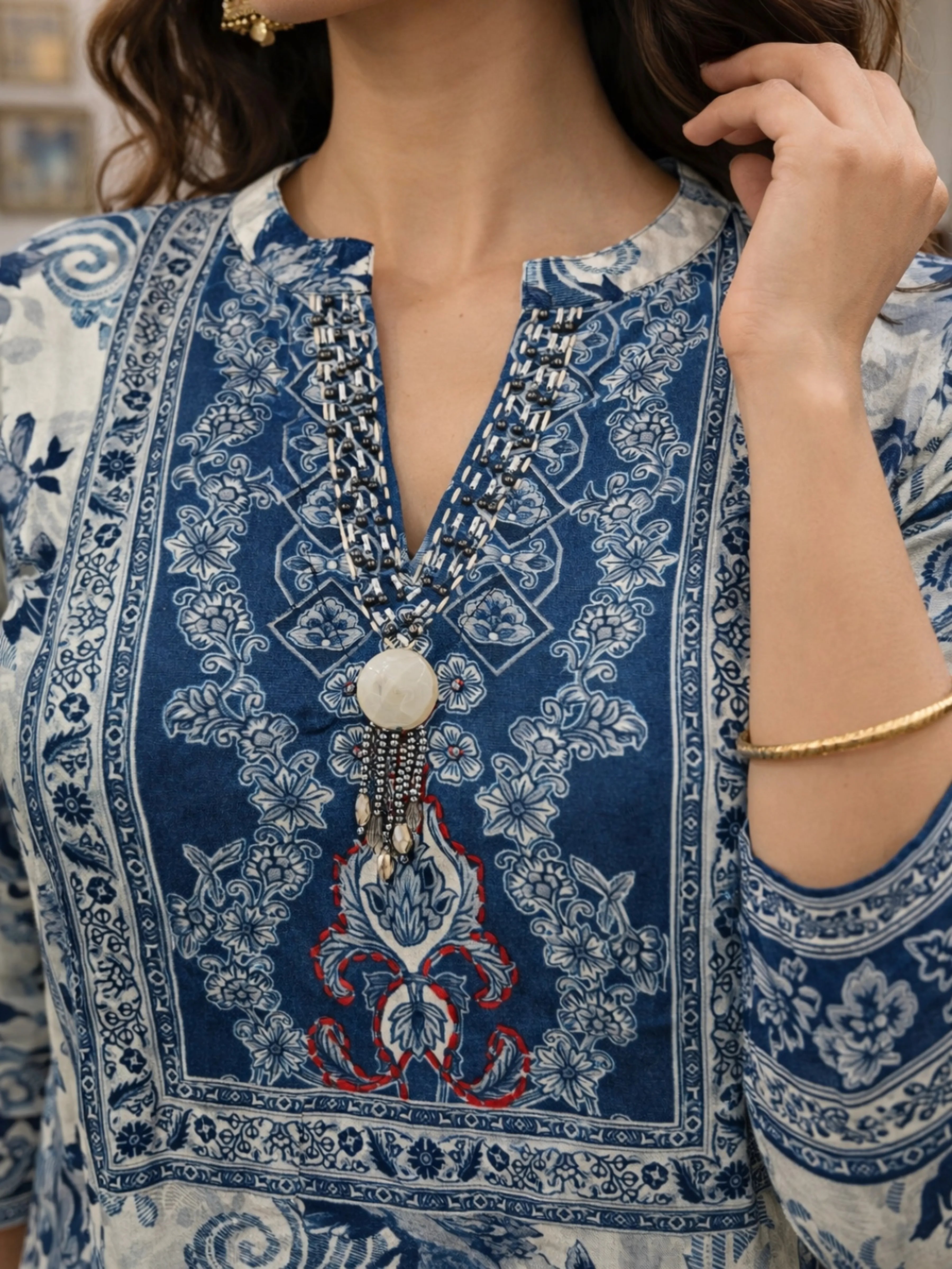 Indigo & Light Grey Embellished Kurta Set in Viscose