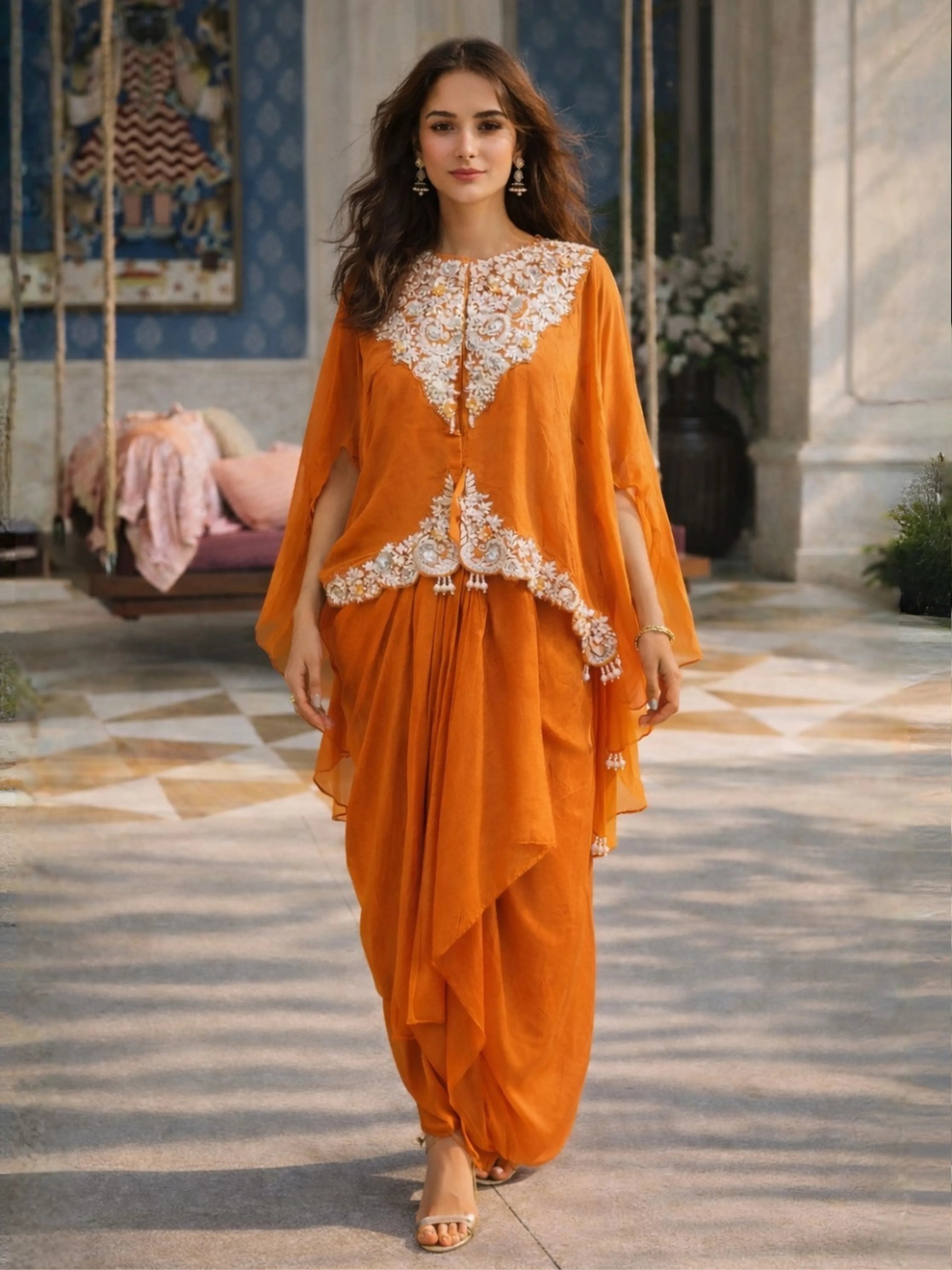 Amber Orange Embroidered Dola Silk Tulip Skirt Three-Piece Set with Organza Cape