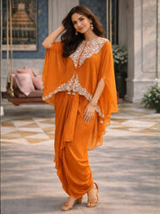 Amber Orange Embroidered Dola Silk Tulip Skirt Three-Piece Set with Organza Cape