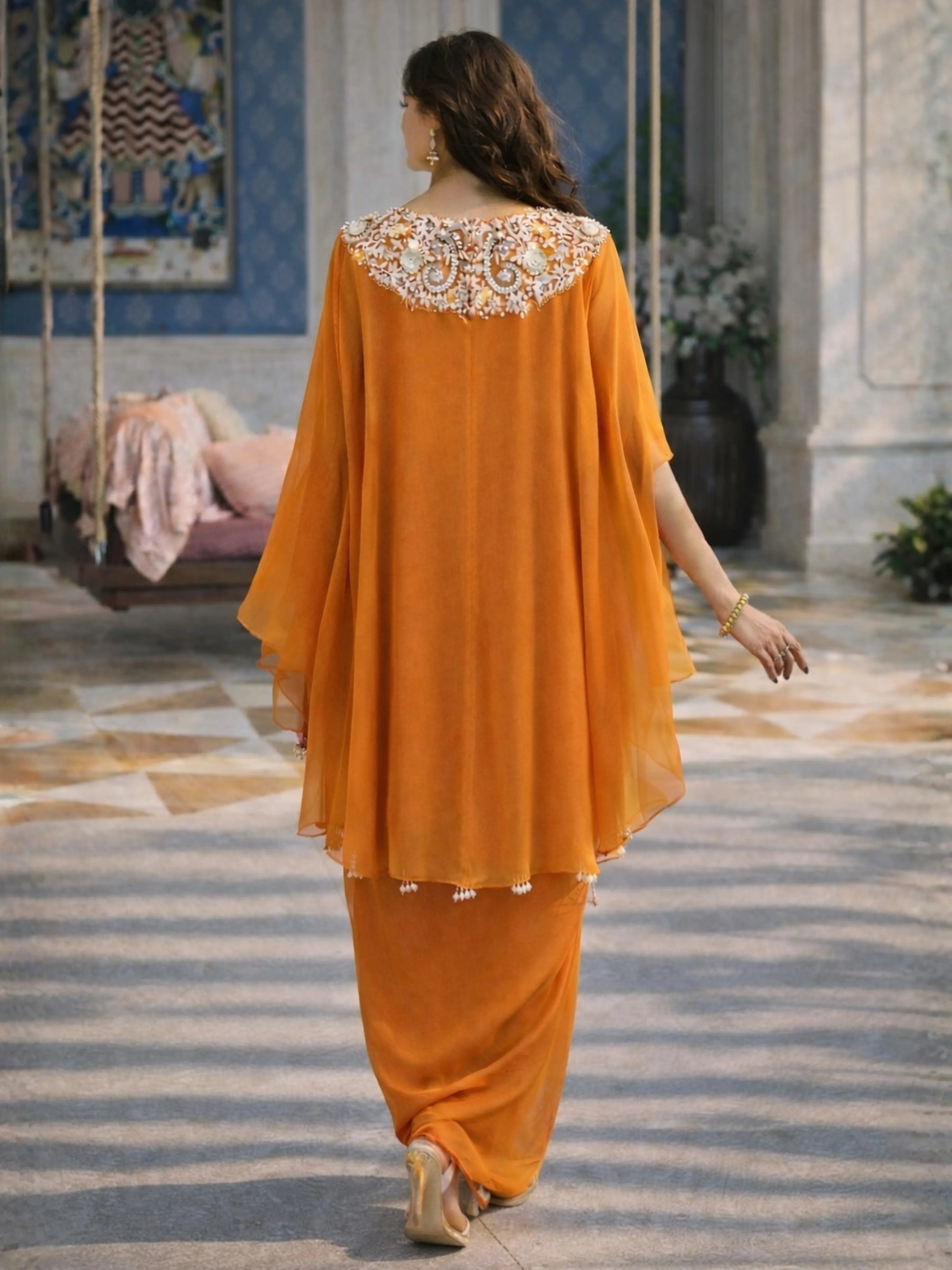 Amber Orange Embroidered Dola Silk Tulip Skirt Three-Piece Set with Organza Cape