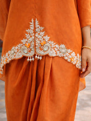 Amber Orange Embroidered Dola Silk Tulip Skirt Three-Piece Set with Organza Cape