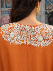 Amber Orange Embroidered Dola Silk Tulip Skirt Three-Piece Set with Organza Cape