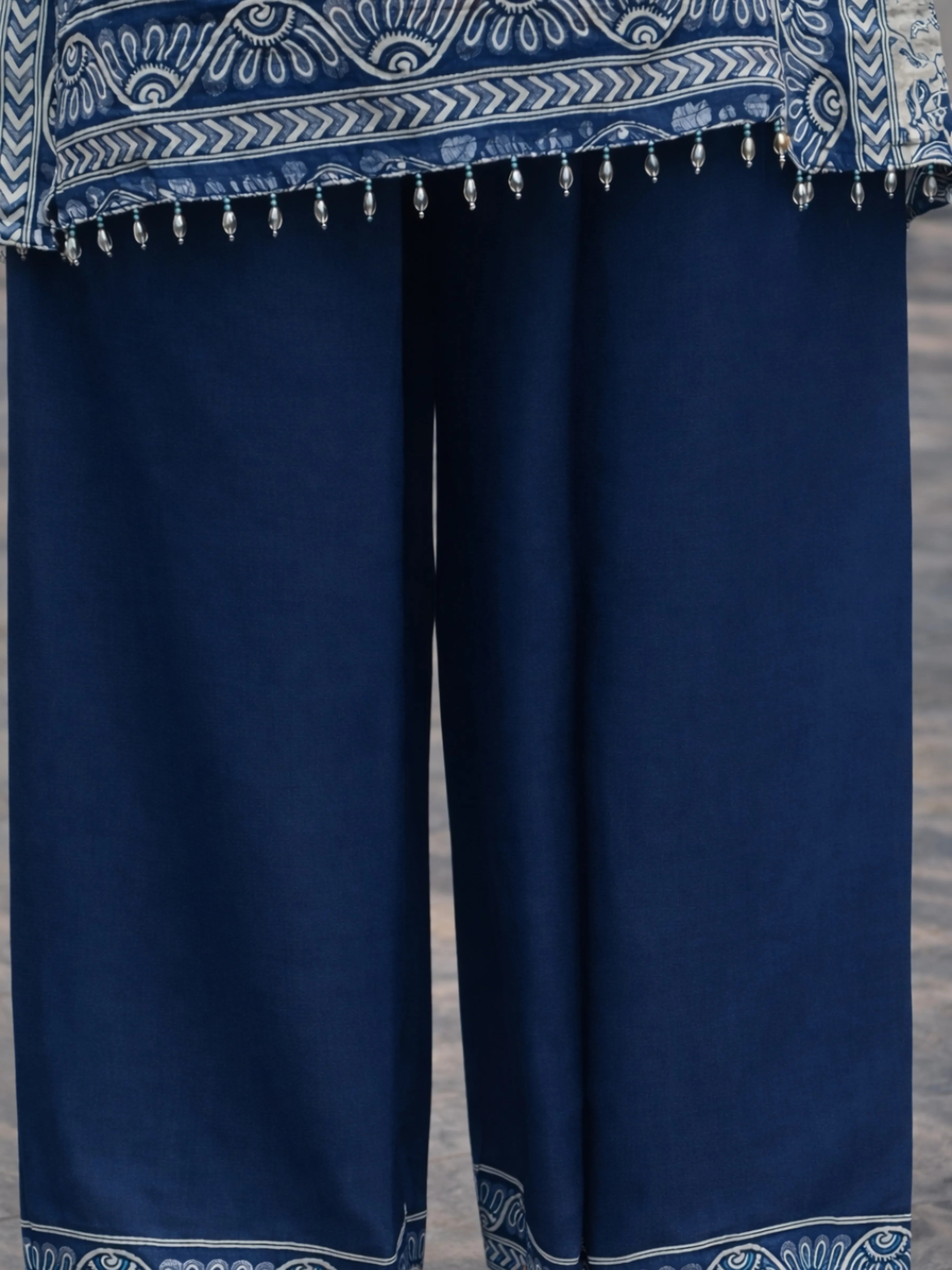 Indigo Panel Printed & Floral Embroidered Viscose Kurta Set