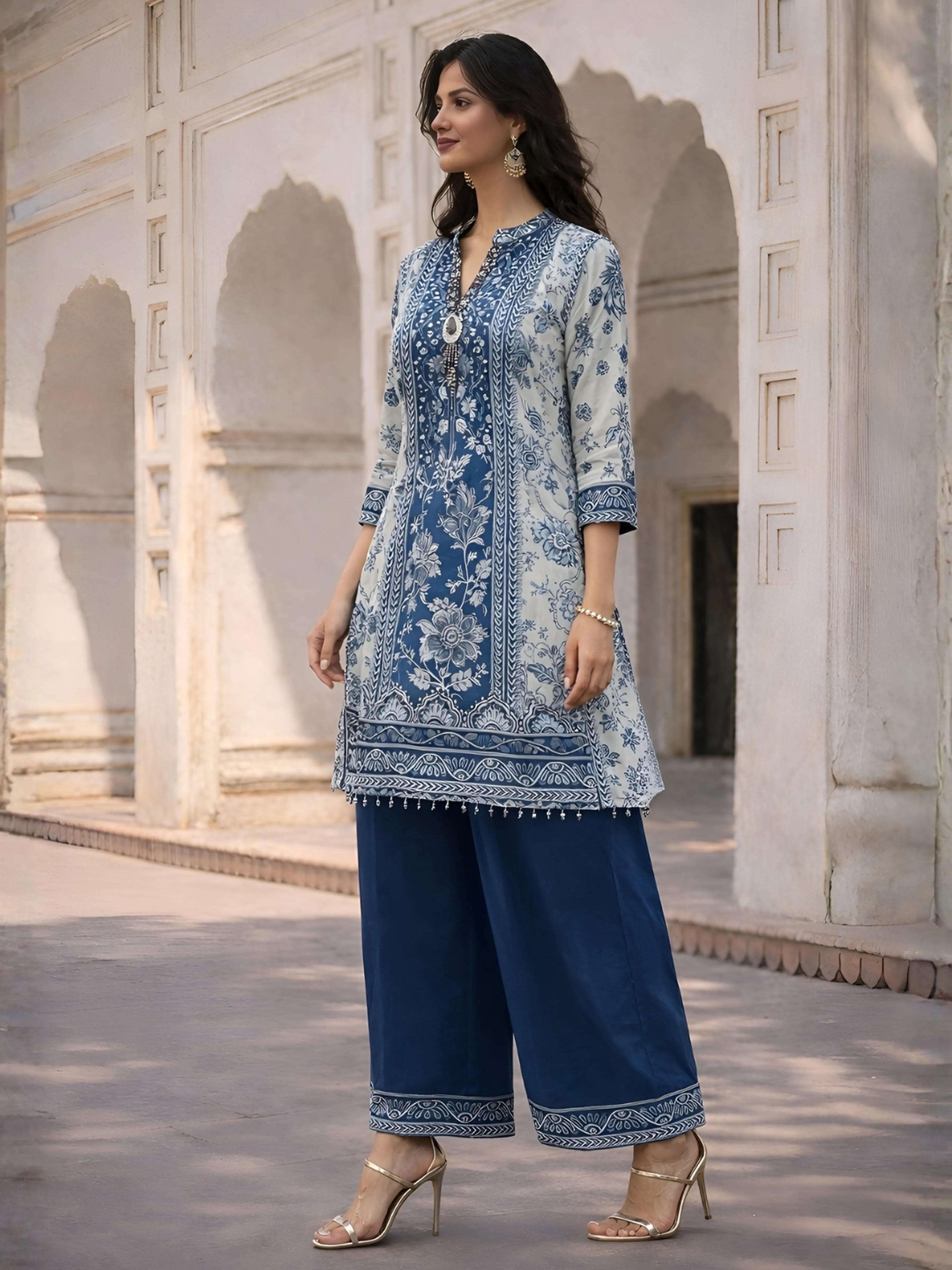 Indigo Panel Printed & Floral Embroidered Viscose Kurta Set