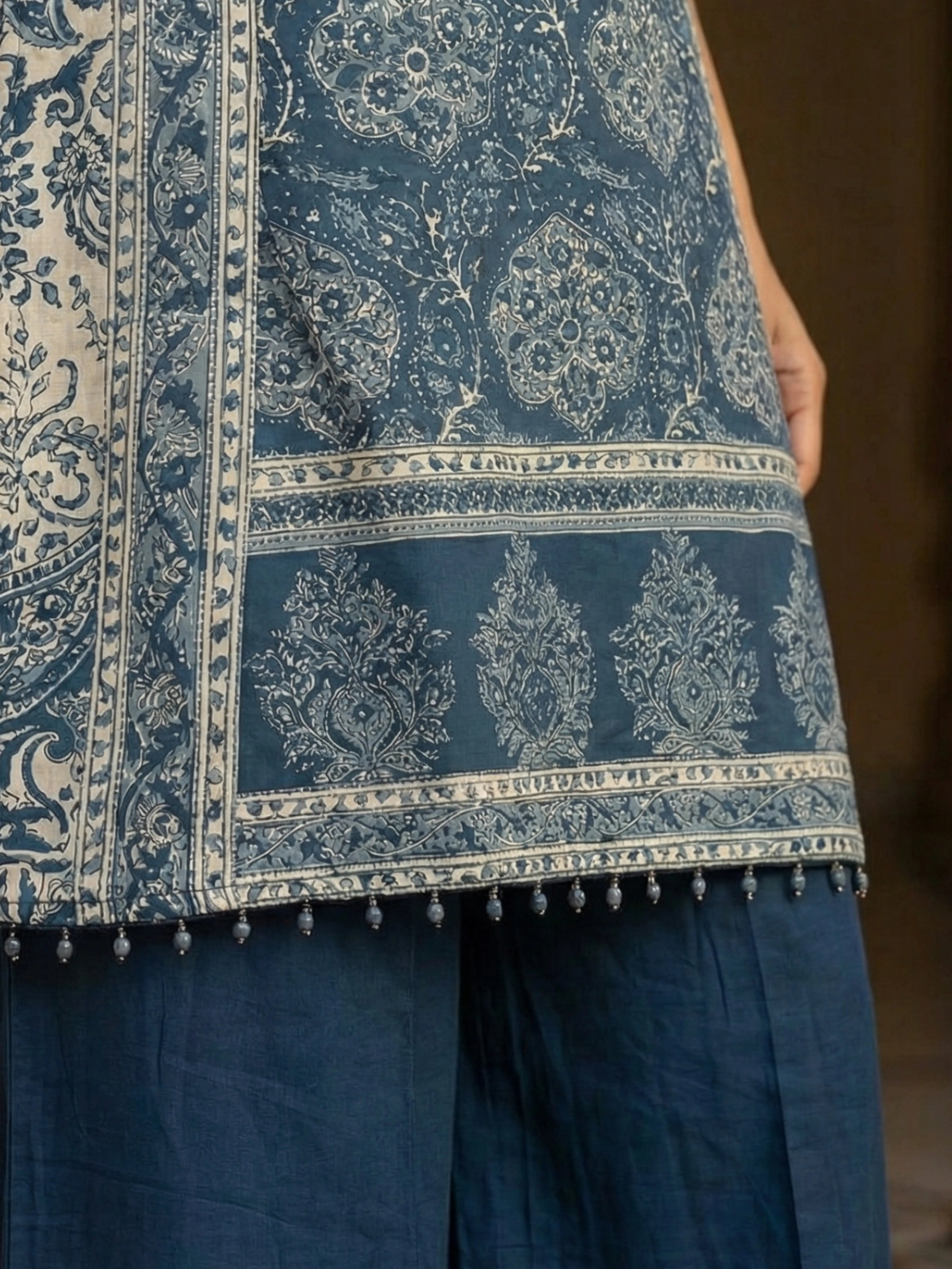 Indigo & Light Grey Paisley Embroidered Viscose Kurta Set