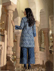 Indigo Motif Printed Bead Embroidery Viscose Kurta Set