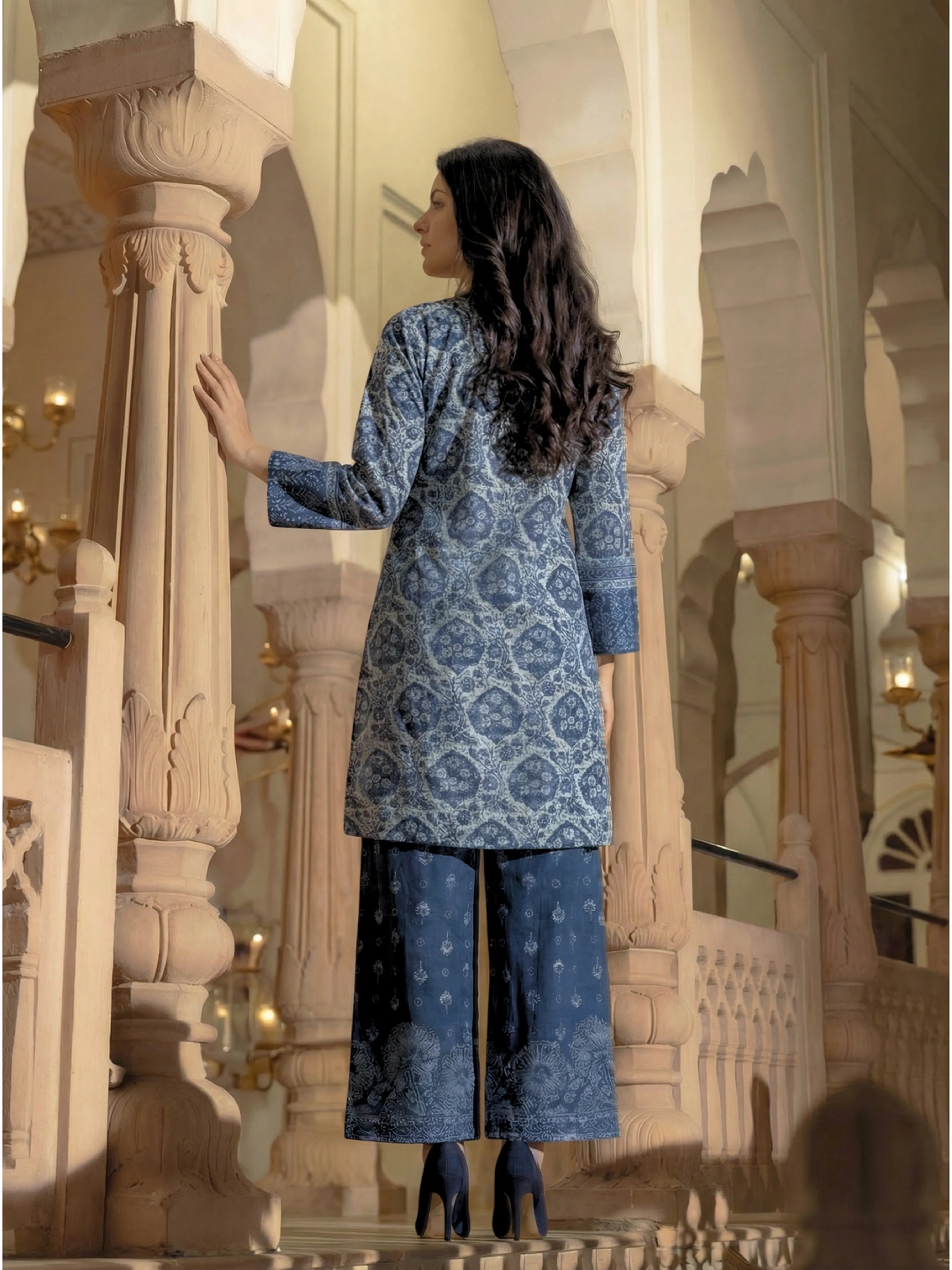 Indigo Motif Printed Bead Embroidery Viscose Kurta Set