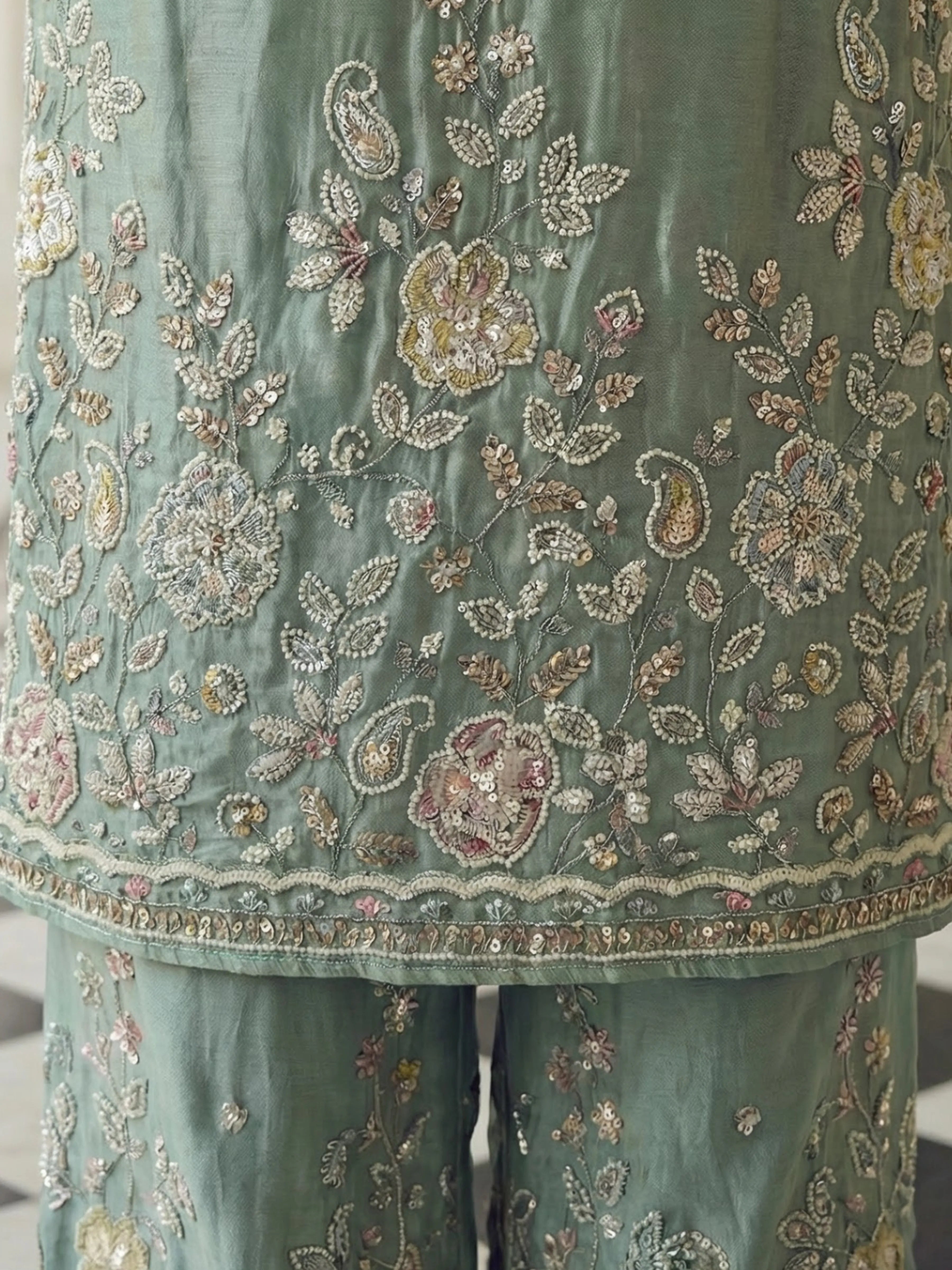 Pastel Green Embellished Three Piece Set in Tissue Silk