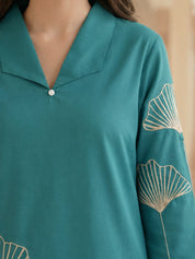 Turquoise Three Oversized Ginkgo Leaf Thread Embroidered Motifs Cotton Tunic