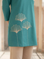 Turquoise Three Oversized Ginkgo Leaf Thread Embroidered Motifs Cotton Tunic