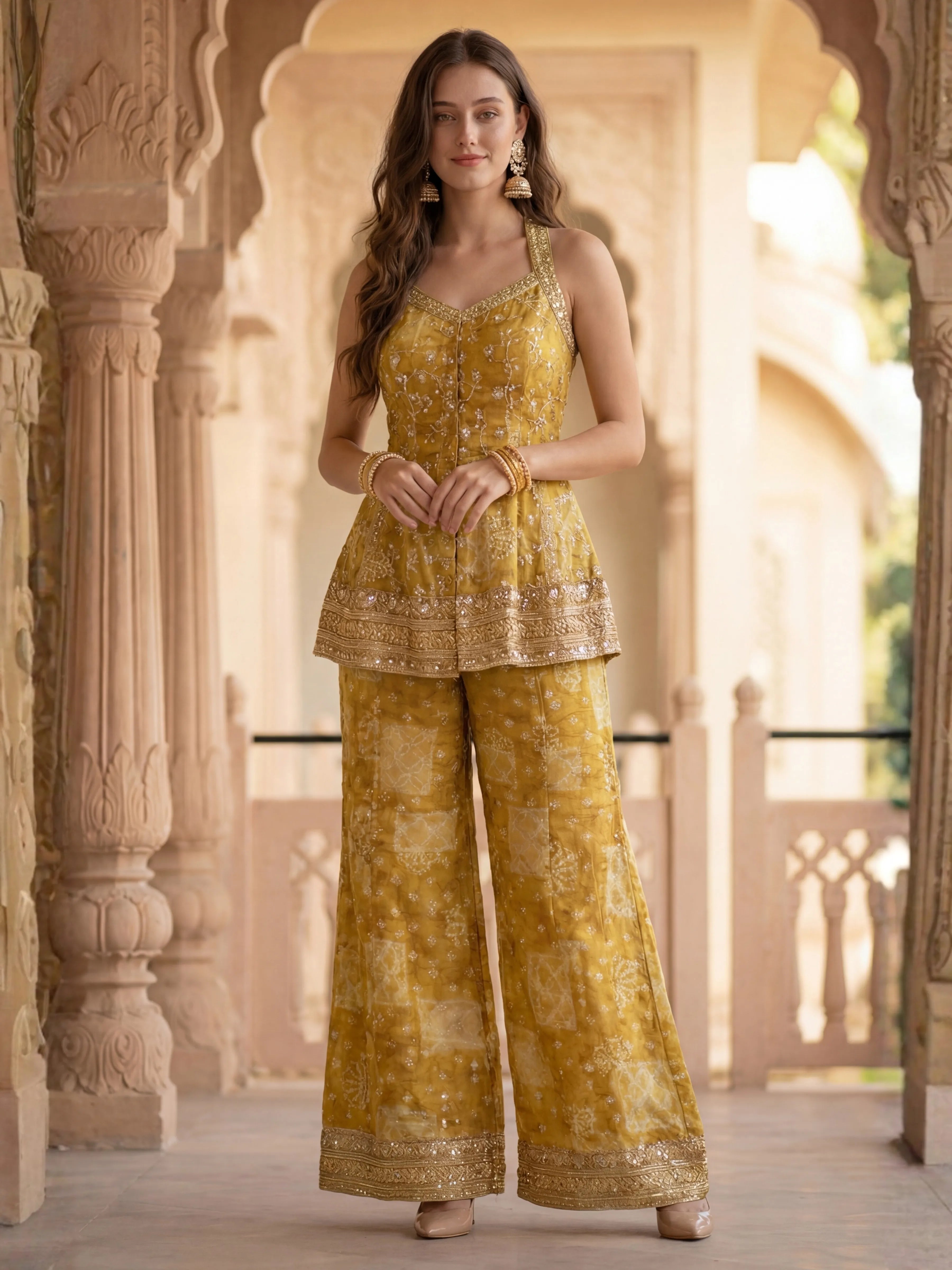 Mustard Bandhani Embroidered Three Piece Palazzo Set in Dola Silk